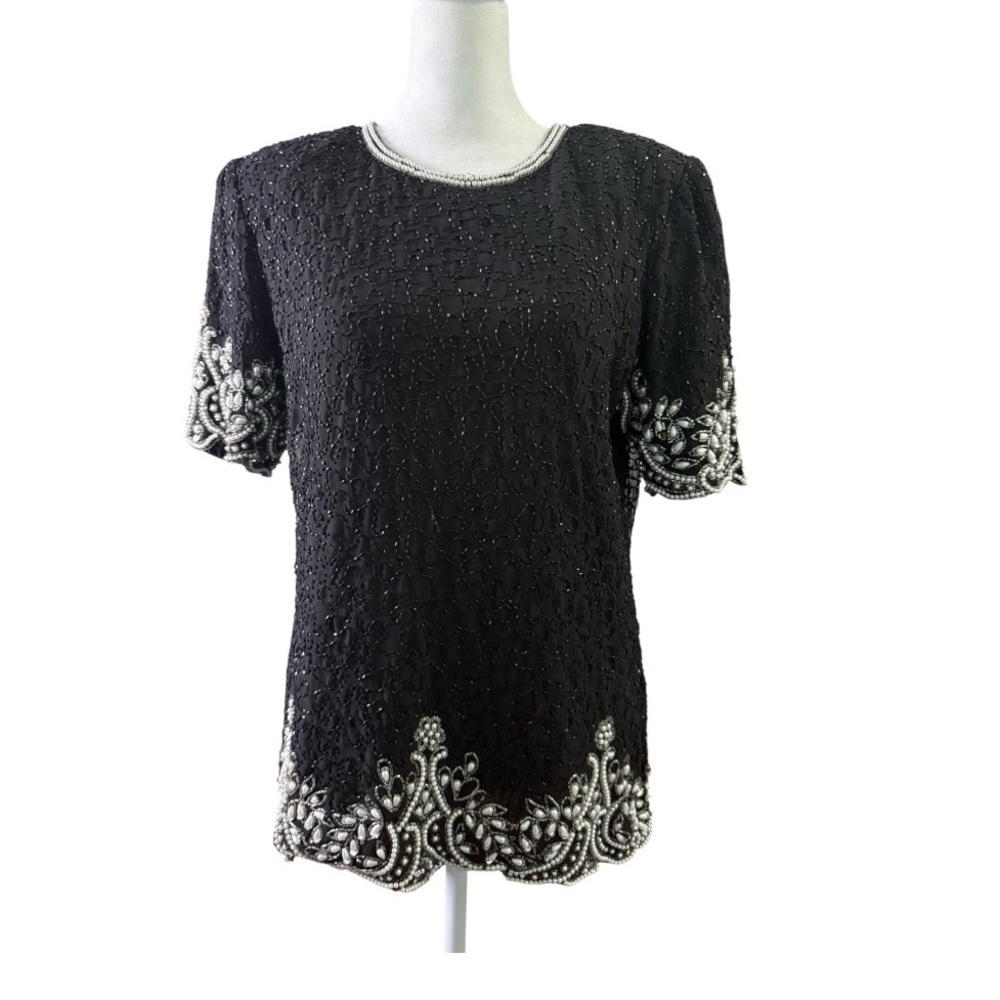 Vintage Laurence Kazan Black, Pearl and Silver Women's Evening Formal Top Small